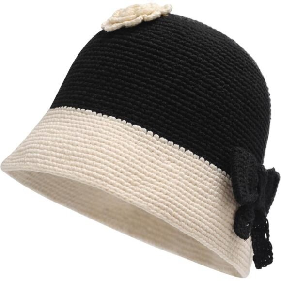 Women Winter Bucket Hat Flower Bow Black White